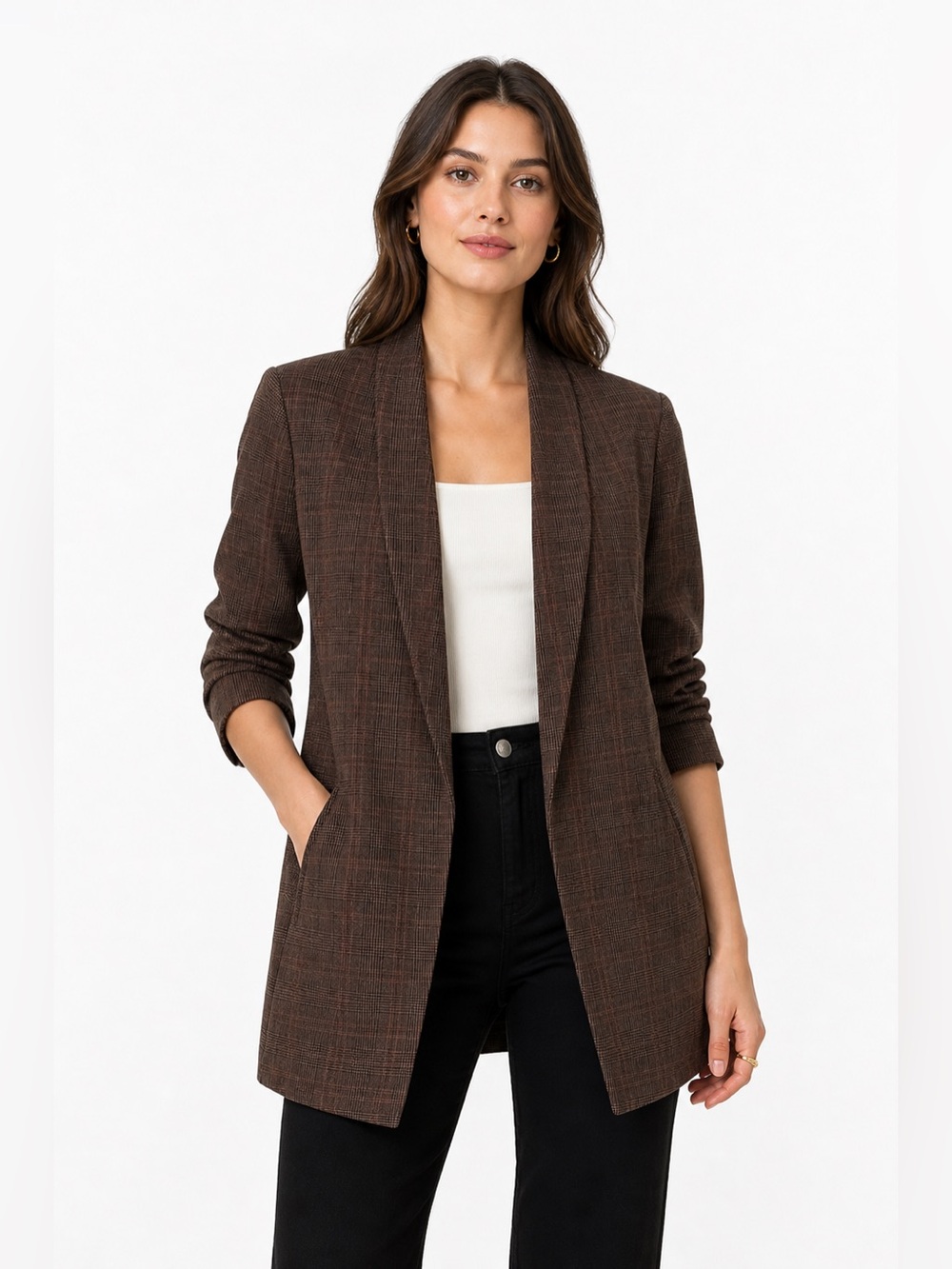 Aritzia Babaton Power Blazer Plaid Open Front Womens 2 Brown